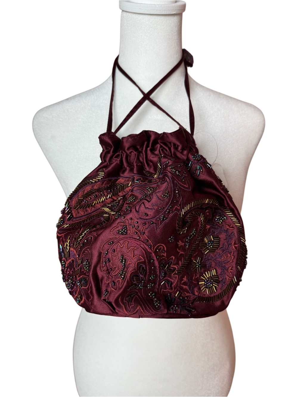 NWT Nine West Burgundy Beaded Embroidered Drawstring Pouch Bag